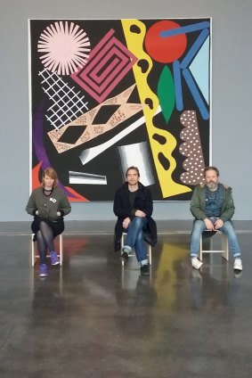 Experimental Jetset (from left) Marieke Stolk, Erwin Brinkers and Danny van den Dungen, in front of a painting by Karina Bisch ("Les Tableaux Vivants", 2017).