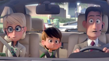 Warner Bros. Pictures' <i>Storks</i> characters Sarah Gardner, voiced by Jennifer Aniston, left, Nate Gardner, voiced by Anton Starkman and Henry Gardner, voiced by Ty Burrell.