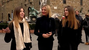 Emily and Claire with 60 Minutes reporter Tara Brown in Italy.