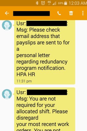 A screenshot of a text message sent to workers by Hutchison Ports Australia.