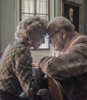 Kristin Scott Thomas as Clementine, left, and Gary Oldman as Winston Churchill in a scene from <i>Darkest Hour</I>.