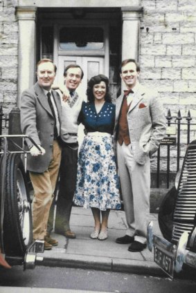The stars of All Creatures Great and Small. Left to right: Robert Hardy, Christopher Timothy, Carol Drinkwater and Peter Davidson on the steps of Skeldale House, Askrigg, in 1987. 