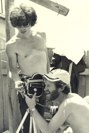 Louis Irving behind the camera, with David Brostoff (standing) on the set of <i>Newsfront</i> in 1977.