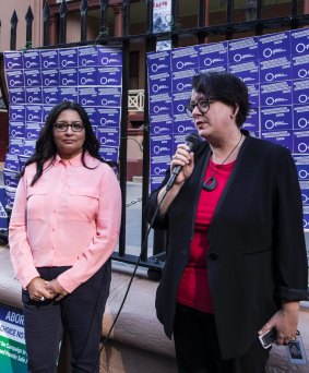 Mehreen Faruqi and Penny Sharpe campaign for abortion law reform outside NSW Parliament. 