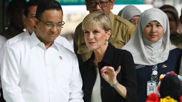 Foreign Minister Julie Bishop and Anies Baswedan in Jakarta in March 2016.