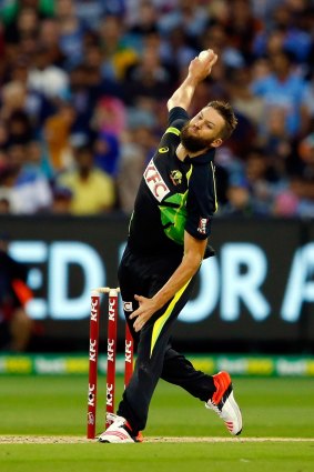 Peak performance: Andrew Tye was the best of Australia's bowlers, conceding only 28 runs in four overs.