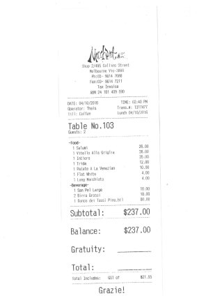 Receipt for Tony Wright's lunch with Anthony Albanese.