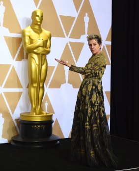Frances McDormand, winner of the Oscar for best performance by an actress in a leading role for <i>Three Billboards Outside Ebbing, Missouri</i>, poses in the press room.