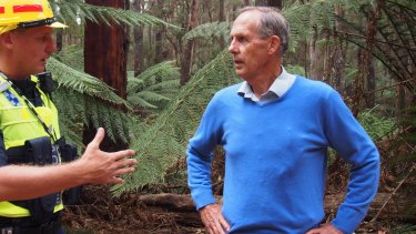 Bob Brown being arrested in Tasmania's Lapoinya forest in January.