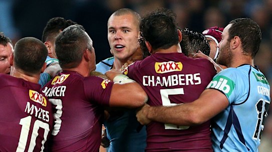 Show some respect: David Klemmer gets to know the Queenslanders during Origin II.