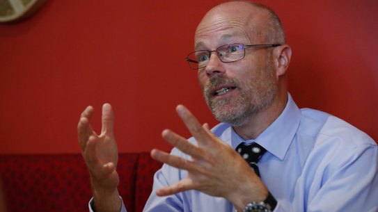 Alastair MacGibbon, Cyber Security Special Adviser to the Prime Minister, during a "Lunch with" at the Dickson Dumpling House with journalist Fergus Hunter in Canberra on Wednesday 22 February 2017. fedpol Photo: Alex Ellinghausen