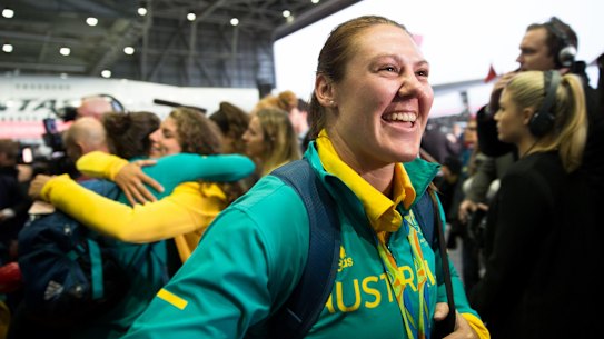 Women's Rugby sevens player Sharni Williams arrives?home from Brazil, at the Welcome Home Event for the Australian Olympic Team in Sydney. 24th August 2016 Photo: Janie Barrett