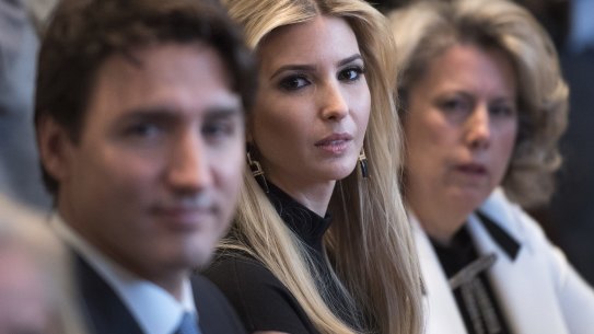 Ivanka Trump and Justin Trudeau during a roundtable discussion on the advancement of women in DC last month. 