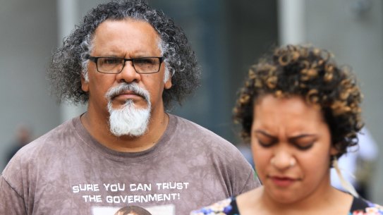 Wangan and Jagalingou traditional owner and council spokesperson Adrian Burragubba and his niece, Murrawah Johnson, speak outside the Brisbane Supreme Court in December after launching another challenge to the Adani Carmichael mine.