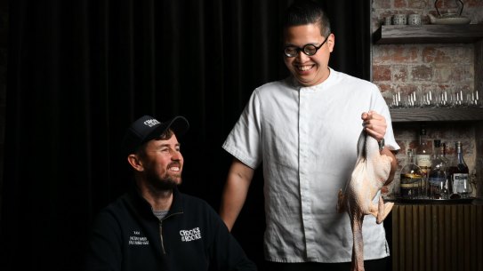 Victor Liong at Lee Ho Fook with chicken farmer Xavier Prime from Chooks at the Rooke.  