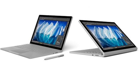 The Surface Book's tablet-like screen can attach to the base either way.