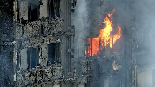 The burning Grenfell Tower in London.
