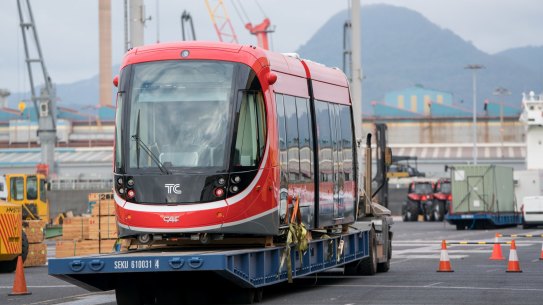 The tram on the back of a truck during its seven-week journey from Spain.