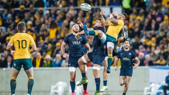 Wallabies scrumhalf Will Genia competes for a high ball during the Rugby Championship's fourth round clash between Australia and Argentina at Canberra Stadium. Photo: Sitthixay Ditthavong