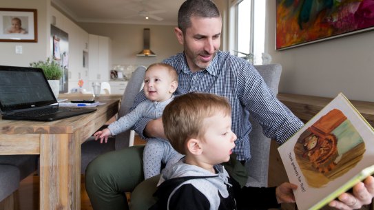 Luke Driver, with his sons, Jack, 2, and Xavier, 8 months, often works from home.
