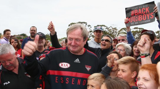 Master of the mind games: Kevin Sheedy mingles with Essendon fans during Thursday's training session.