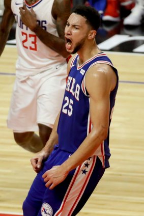 Ben Simmons enjoys the win over the Clippers.