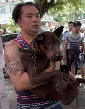 An activist carries a dog at a dog meat festival in Yulin in south China's Guangxi Zhuang Autonomous Region.