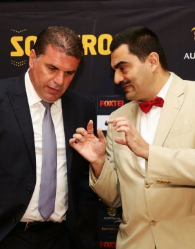 Socceroos coach Ange Postecoglou, left, with the Consul General of Greece, Stavros Kyrimis.