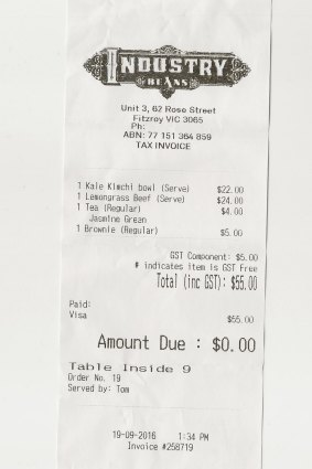 Industry Beans lunch receipt