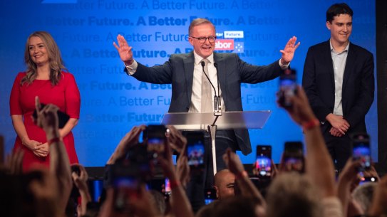 Australian Labor Party leader, Anthony Albanese, celebrates his victory on Federal Election Day, at the Canterbury-Hurlstone Park RSL Club in Sydney. 21 May 2022 Photo:Janie Barrett