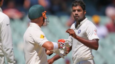 Flashpoint: Varun Aaron of India and David Warner of Australia at the Adelaide Oval.