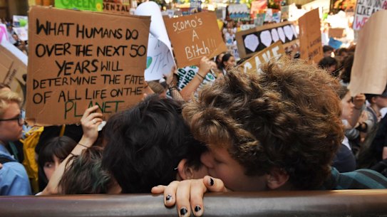 Thousands of students protest climate change at Martin Place, Sydney.
