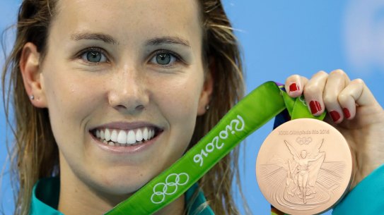 Australia's Emma McKeon shows off her bronze medal after the women's 200m freestyle final in Rio.