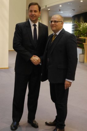 Australian Trade Minister Steve Ciobo and UKIP MEP James Carver.
