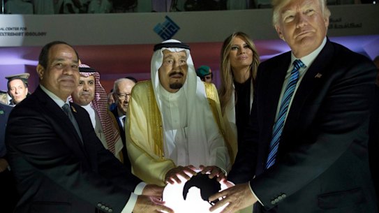 Donald Trump with Saudi King Salman bin Abdulaziz, centre,  and Egyptian President Abdel Fattah al-Sisi in Riyadh in May.