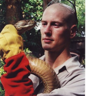 Dr Bryan Fry holds a king cobra. Young king cobras are often prey to the blue coral snake.