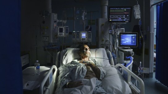 COVID-19 positive patient in St Vincentâs Hospitalâs ICU. Sydney, NSW. 13th July, 2021. Photo: Kate Geraghty
.