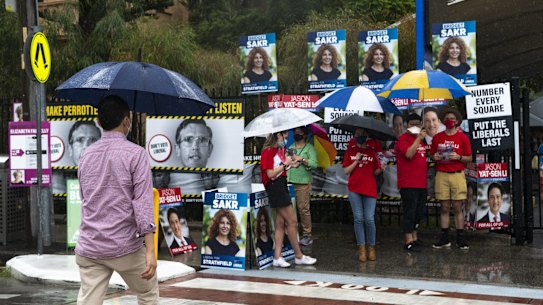 Strathfield  by-election. Wet weather. Burwood Public School. February 12, 2022. Photo: Rhett Wyman/SMH