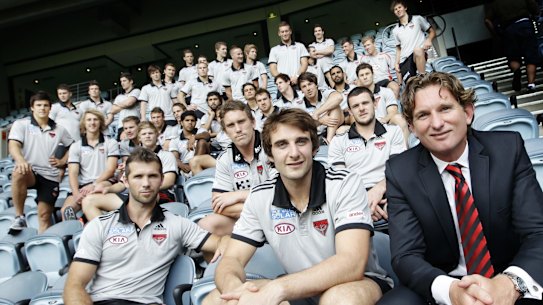 Former Essendon coach James Hird with his 2012 playing squad.