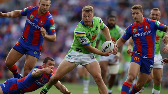 Handy pick-up: Raiders recruit Elliott Whitehead takes on the Newcastle defence on Saturday.