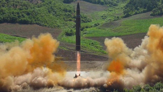 This photo distributed by the North Korean government shows what was said to be the launch of a Hwasong-14 intercontinental ballistic missile during North Korea's last missile tests.