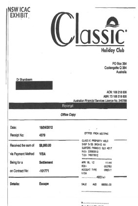The same credit card receipt is attached in full to the original holiday club membership invoice.