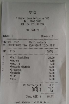 Lunch receipt from Movida.