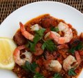 Spanish lentils with prawns and chorizo.