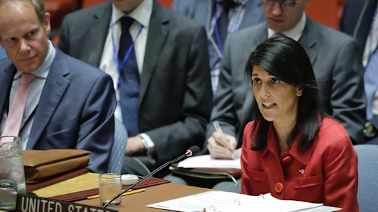 United States UN Ambassador Nikki Haley, right, speaks during United Nations Security Council meeting on North Korea's latest launch of an intercontinental ballistic missile on Wednesday.