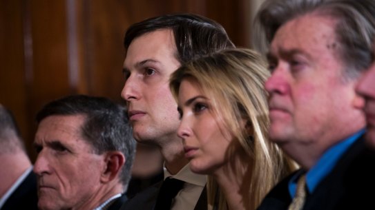 Jared Kushner and his wife, Ivanka Trump, at the White House during the visit of Japanese Prime Minister Shinzo Abe. At left is National Security Adviser Michael Flynn; at right is Steve Bannon. 
