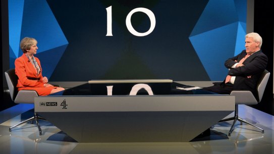 Prime Minister Theresa May is interviewed by Jeremy Paxman during a joint Channel 4 and Sky News general election program  'May v Corbyn Live: The Battle for Number 10'.