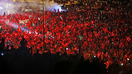 Pro-government supporters protest on the road leading to Istanbul's iconic Bosporus Bridge, on Thursday.