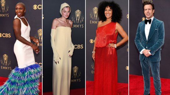 Cynthia Erivo, Emma Corrin, Tracee Ellis Ross, and Jason Sudeikis arrive at the 73rd Primetime Emmy Awards.
