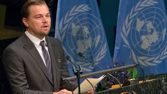 Leonardo DiCaprio speaks during the Paris Agreement on climate change ceremony at UN headquarters.